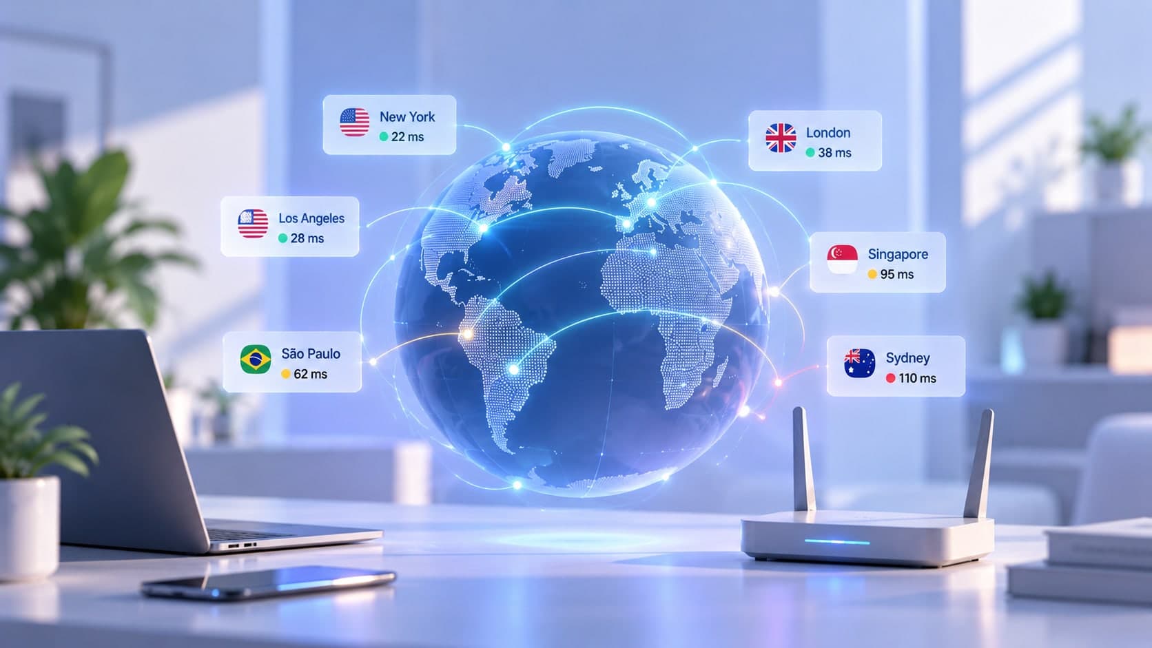 A glowing globe above a desk with a router and laptop, linked to labels showing latency to New York, Los Angeles, São Paulo, London, Singapore and Sydney.