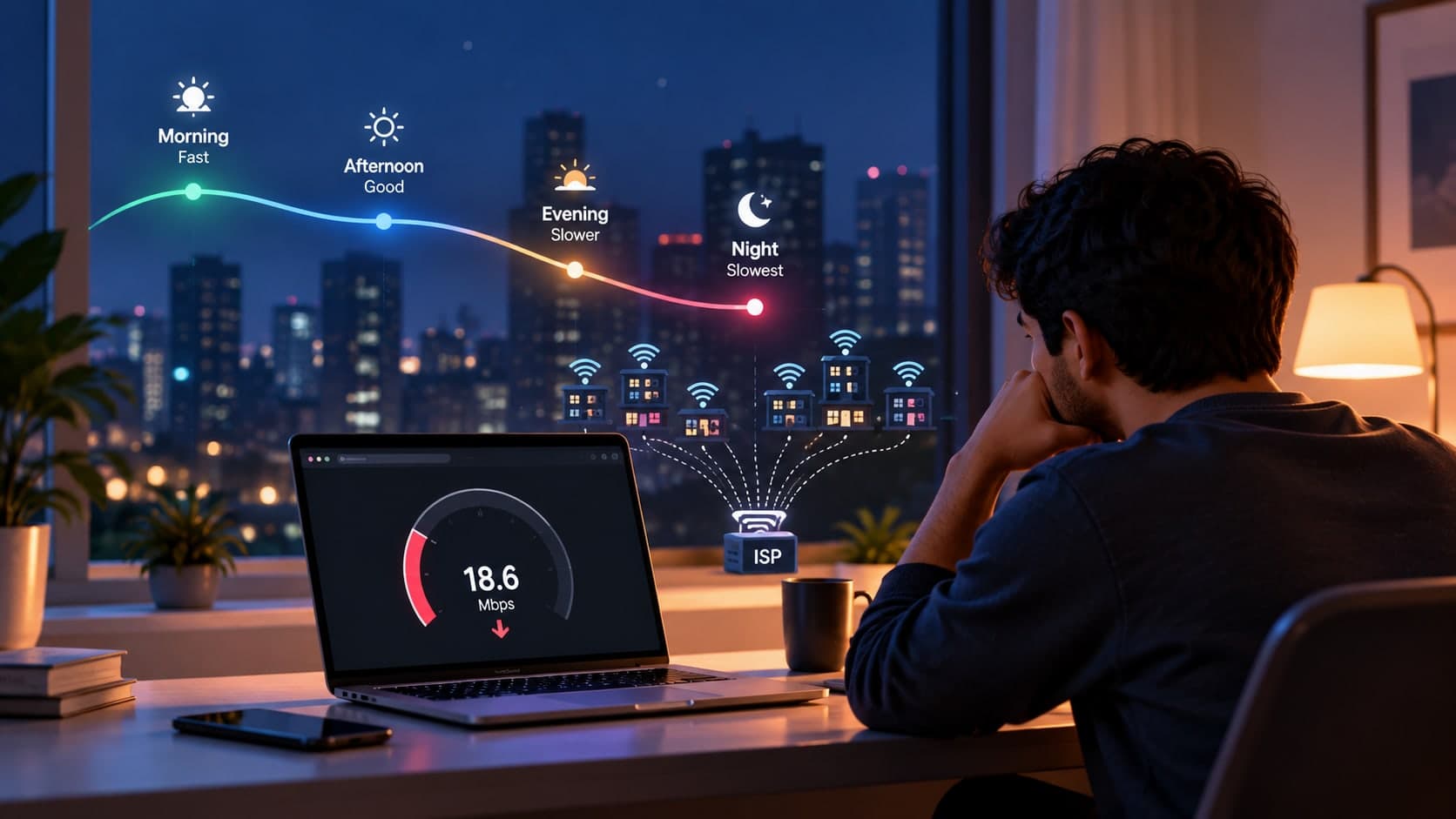 A person at a laptop at night looking at a speed gauge reading 18.6 Mbps, with a city skyline behind and a line showing speed dropping from morning to night as homes share the provider's network.