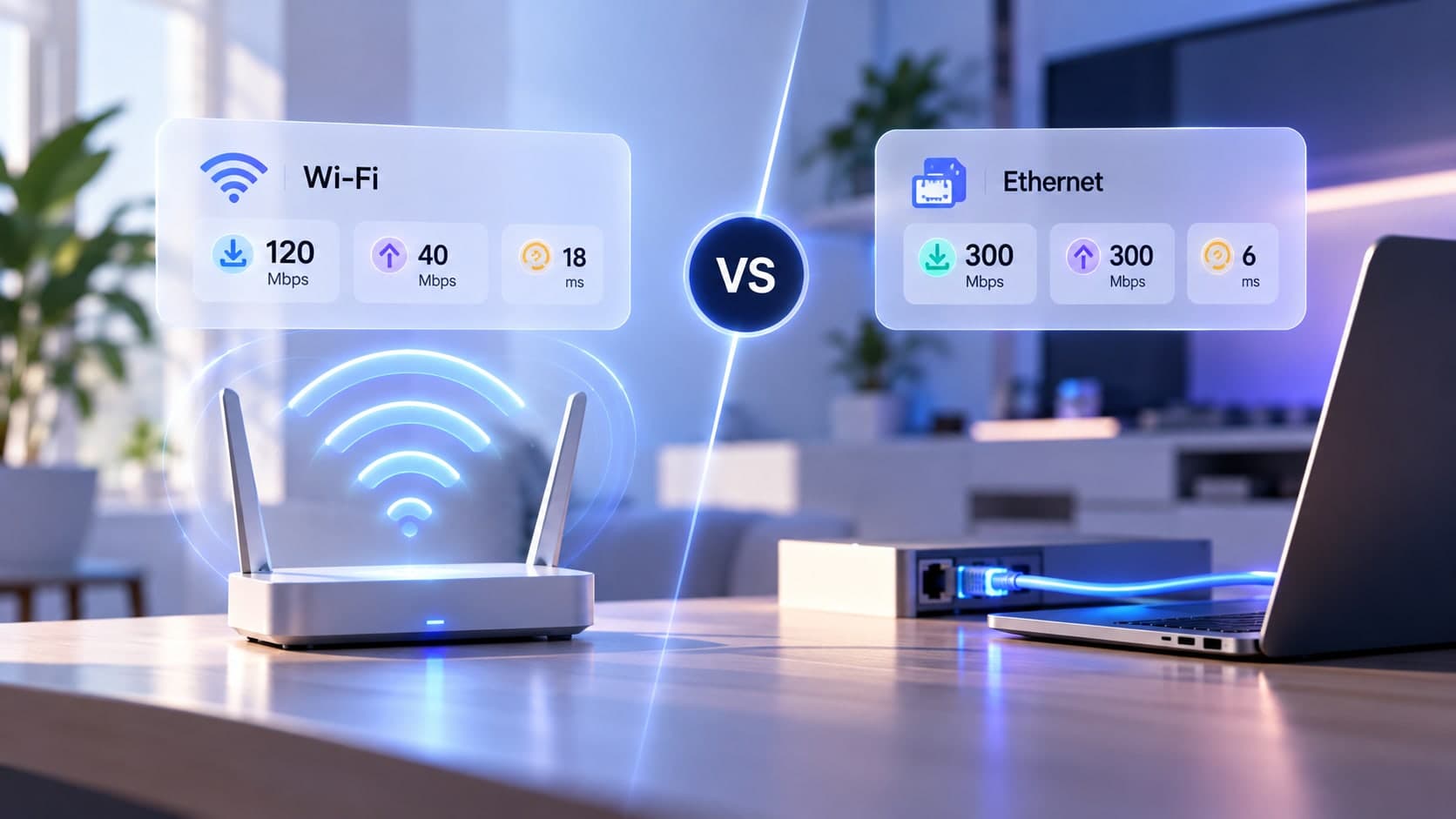 A split scene comparing a Wi-Fi router at 120 Mbps down, 40 Mbps up and 18 ms with an Ethernet-connected laptop at 300 Mbps down, 300 Mbps up and 6 ms.
