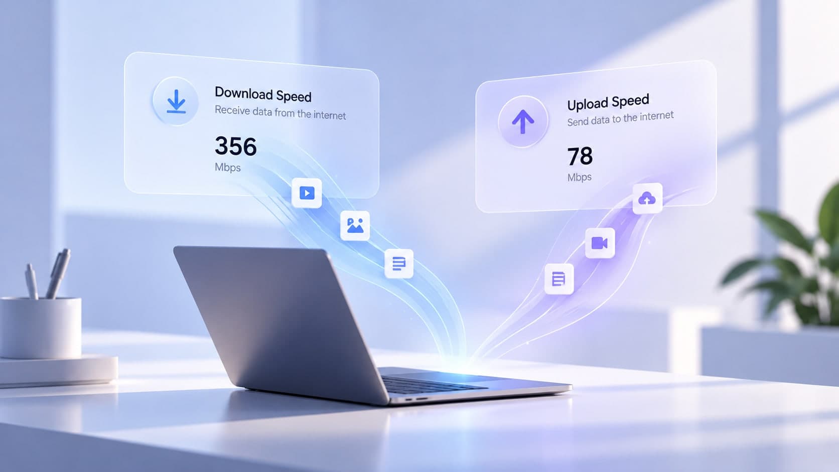 A laptop on a desk with floating panels showing a download speed of 356 Mbps and an upload speed of 78 Mbps, linked by streams of file and media icons.