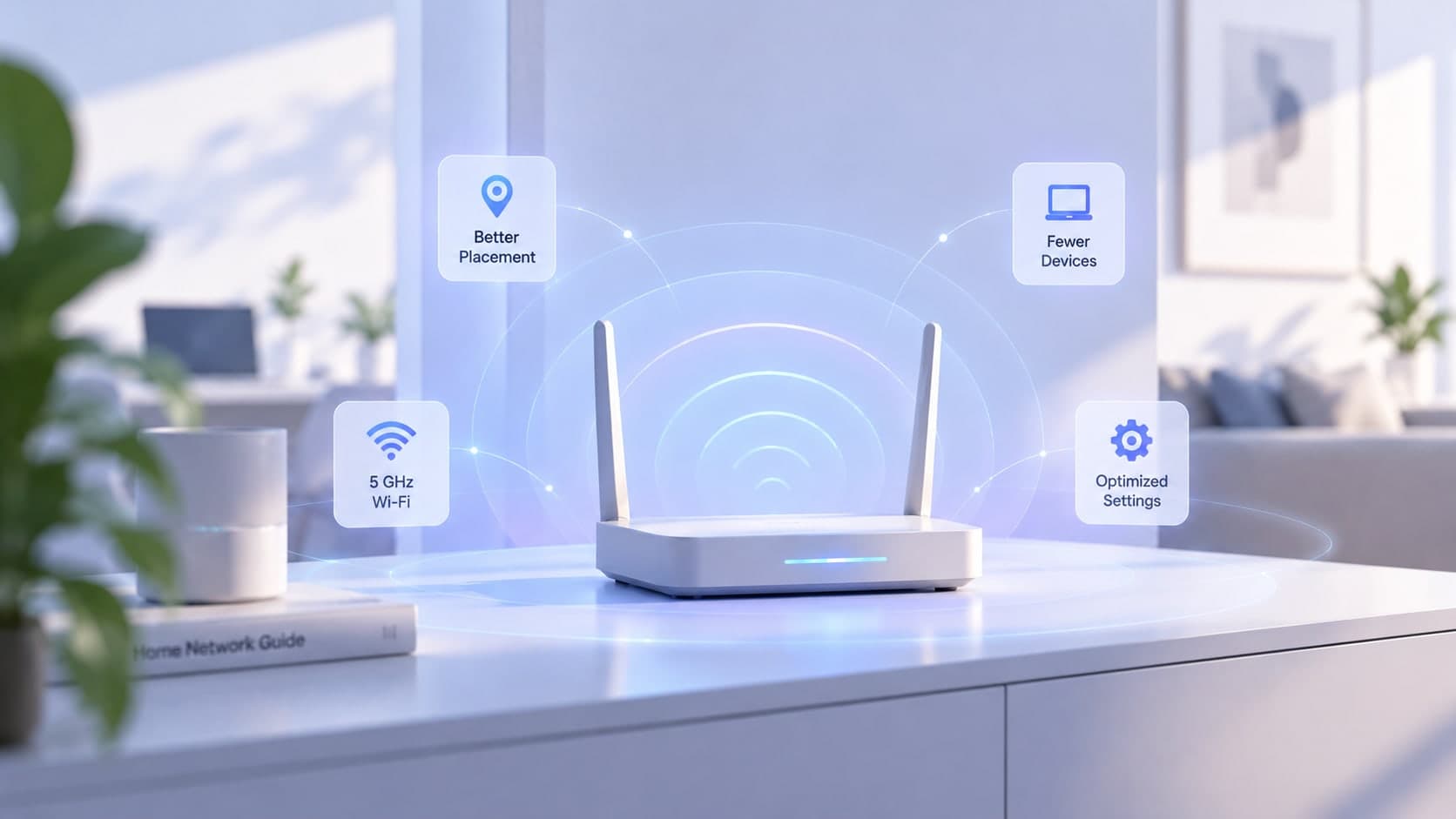 A white router on a counter surrounded by floating tips for better placement, fewer devices, 5 GHz Wi-Fi and optimized settings.