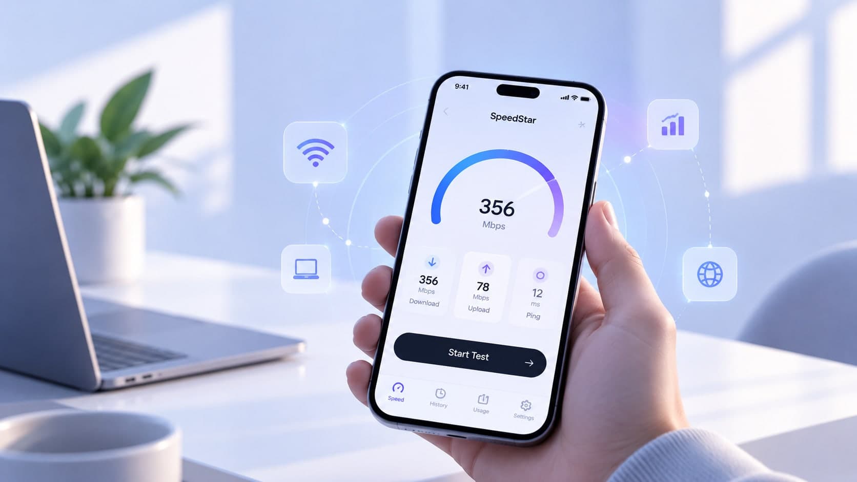 A hand holding a phone running the SpeedStar app, which shows 356 Mbps download, 78 Mbps upload, 12 ms ping and a Start Test button.