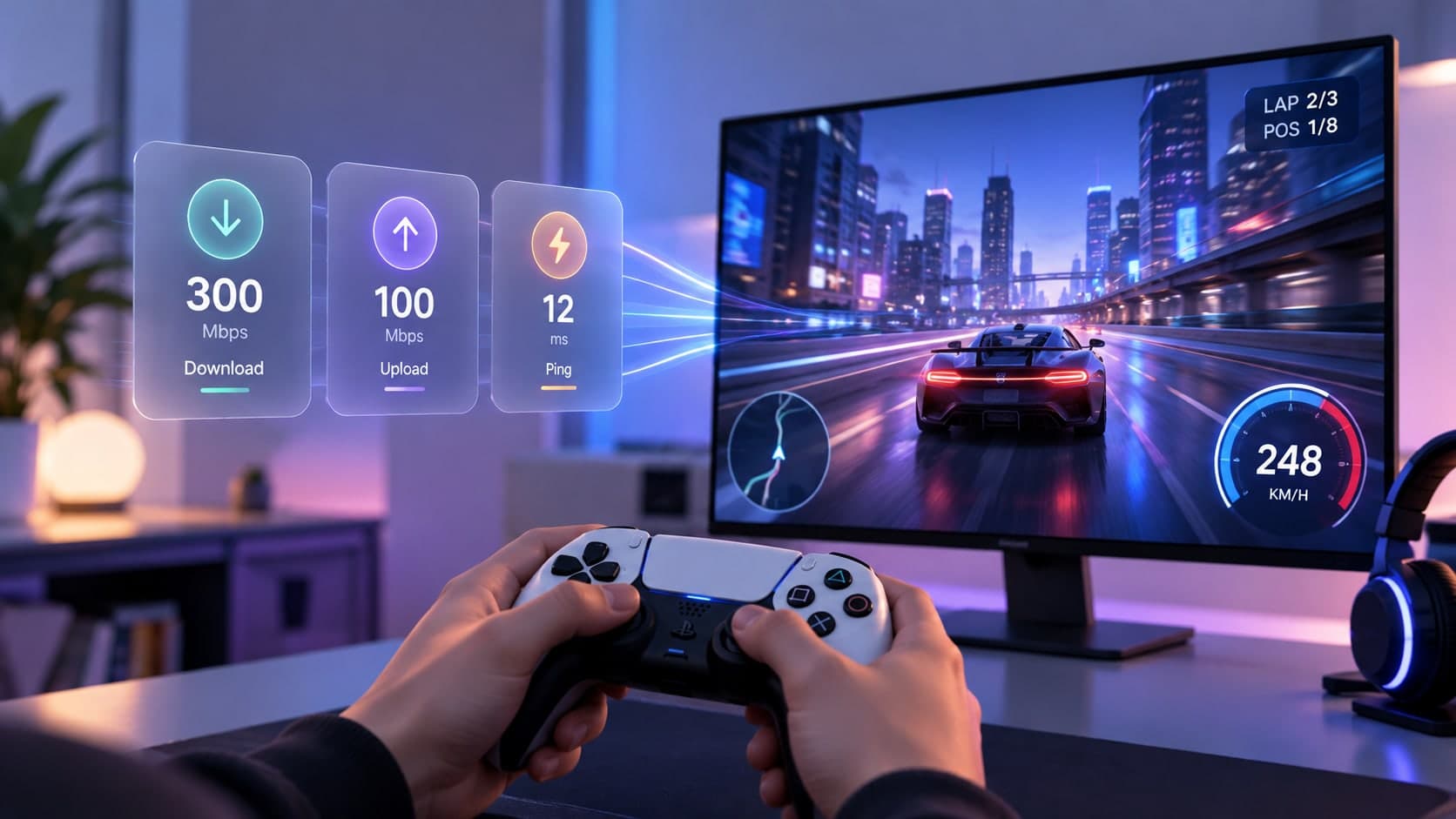 Hands holding a game controller in front of a monitor showing a racing game, beside floating panels for 300 Mbps download, 100 Mbps upload and 12 ms ping.