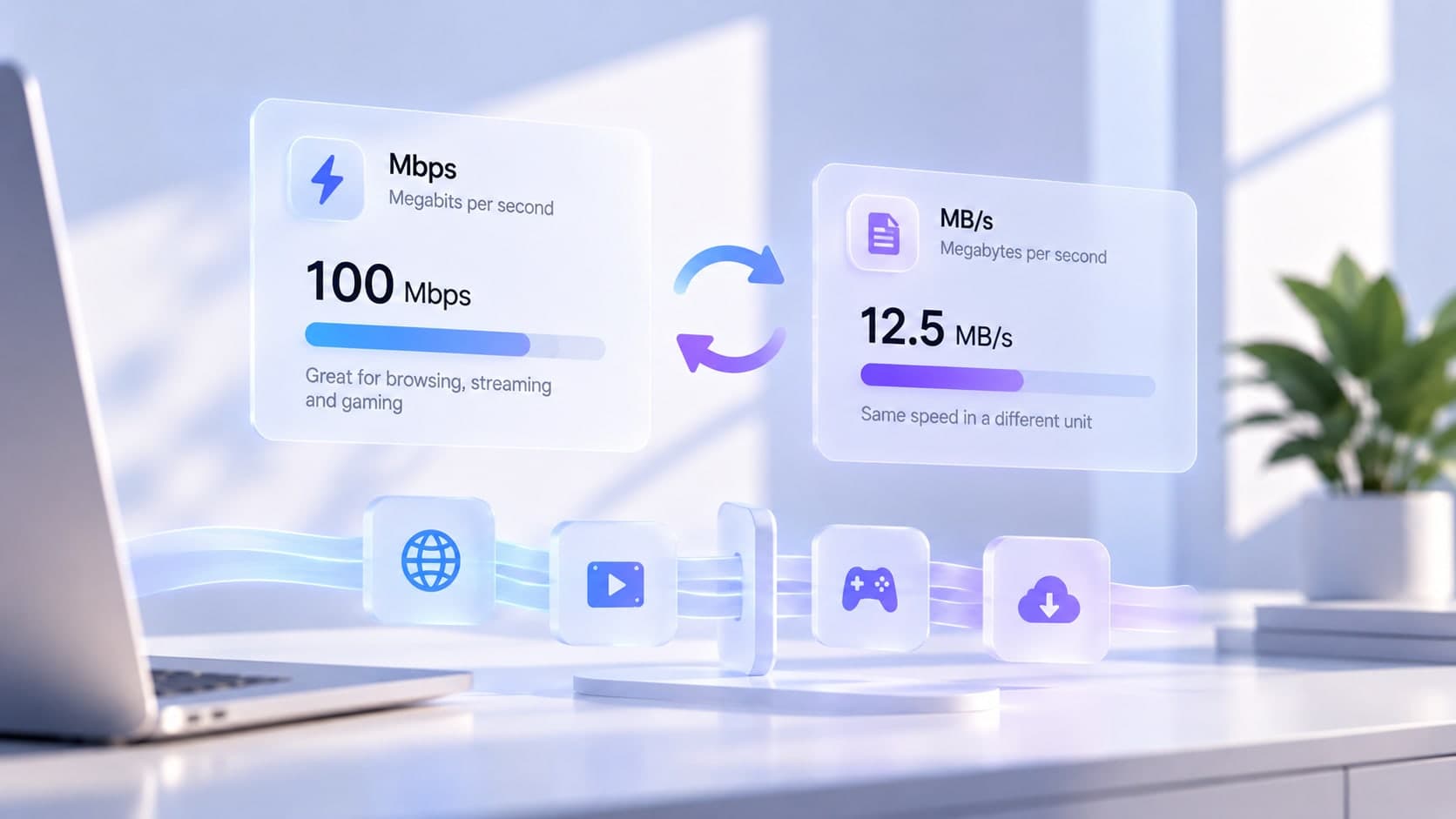 Floating panels converting 100 Mbps, megabits per second, into 12.5 MB/s, megabytes per second, above a laptop and a row of web, video, gaming and download icons.