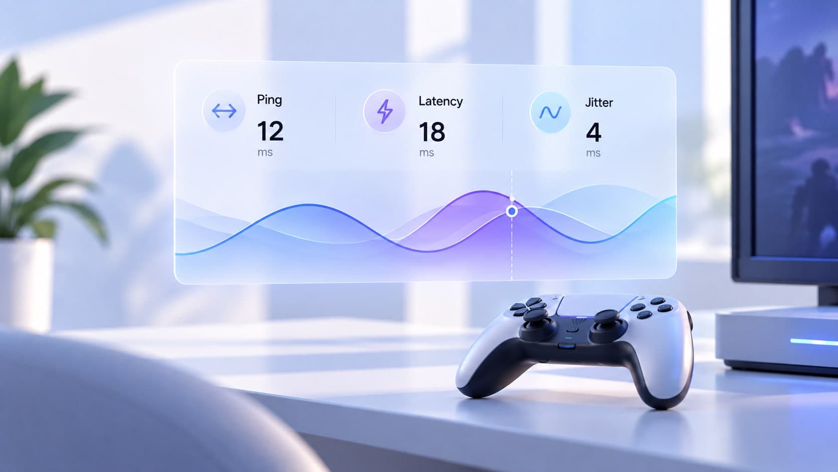 A game controller on a desk below a floating panel that shows ping of 12 ms, latency of 18 ms and jitter of 4 ms above a wave graph.