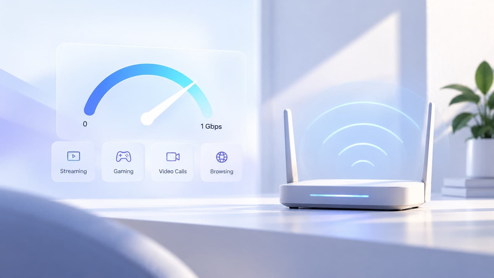 A white Wi-Fi router on a bright desk beside a floating speed gauge that runs up to 1 Gbps, with icons for streaming, gaming, video calls and browsing.
