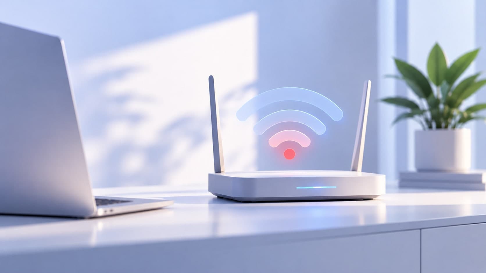 A white router on a desk next to a laptop, under a floating Wi-Fi symbol whose inner bars glow red to signal a weak connection.