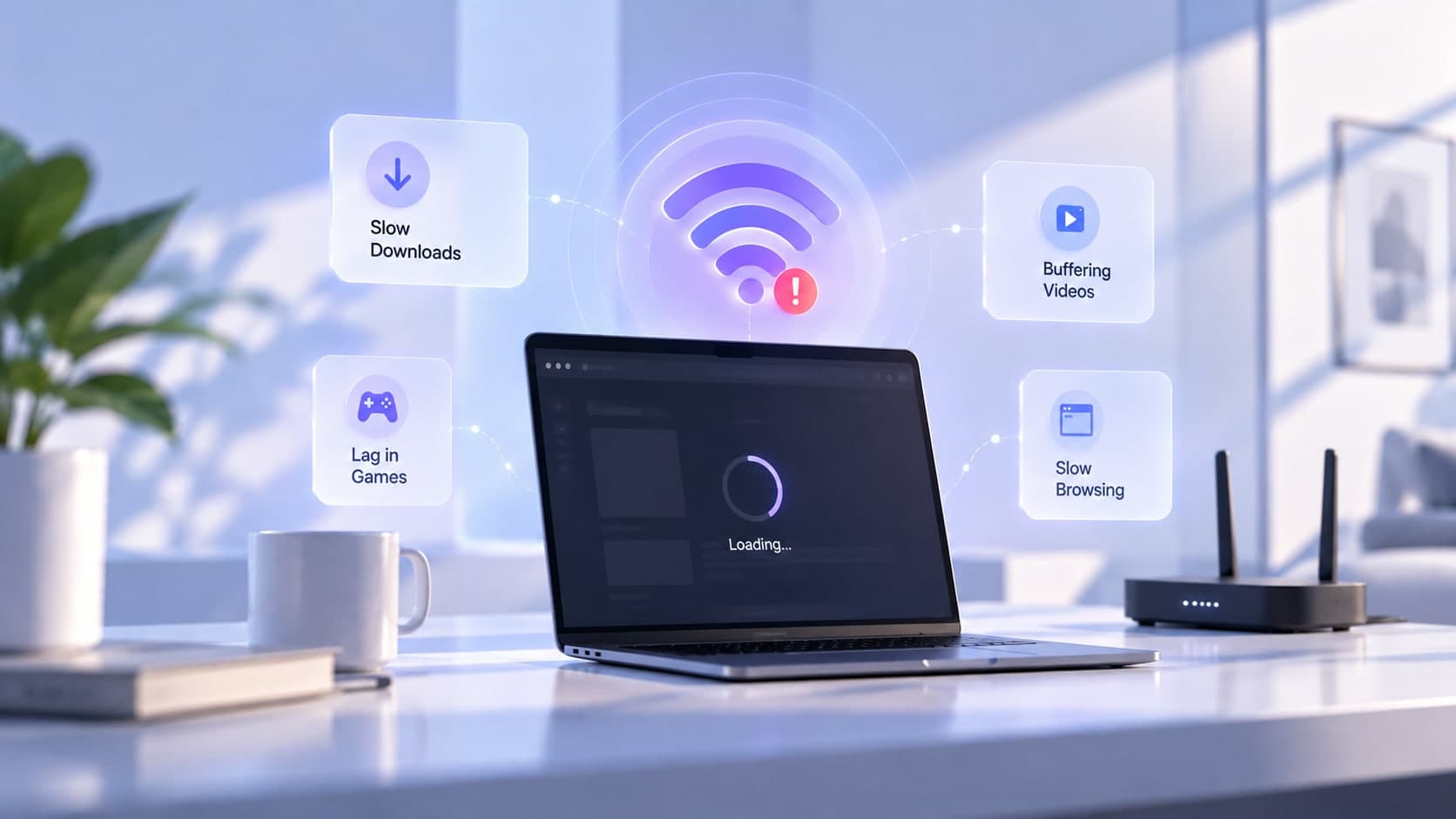 A laptop showing a loading spinner under a Wi-Fi symbol with a warning badge, surrounded by labels for slow downloads, buffering videos, lag in games and slow browsing.